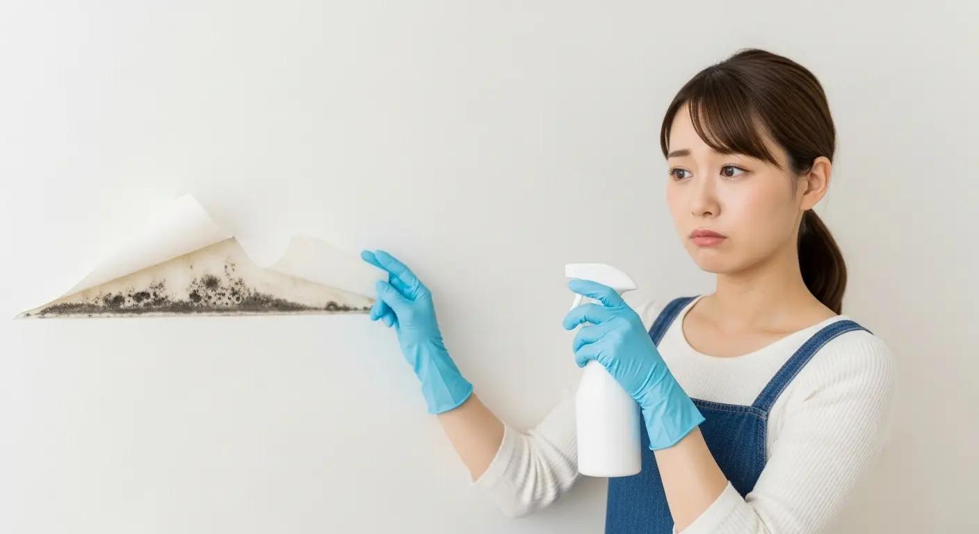 壁紙の裏側にカビを見つけて困っている女性