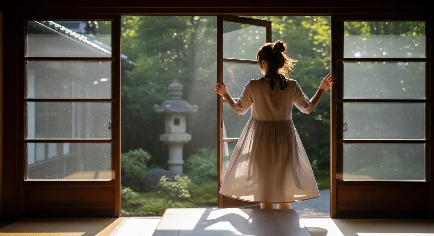 窓を開けて換気をする女性