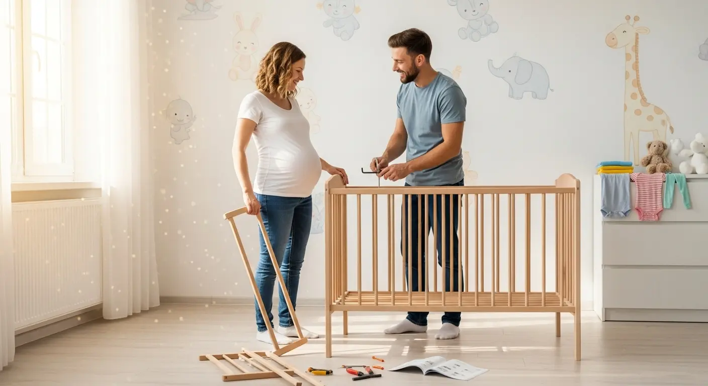 赤ちゃんを迎えるためにベビーベッドを組み立てる夫婦