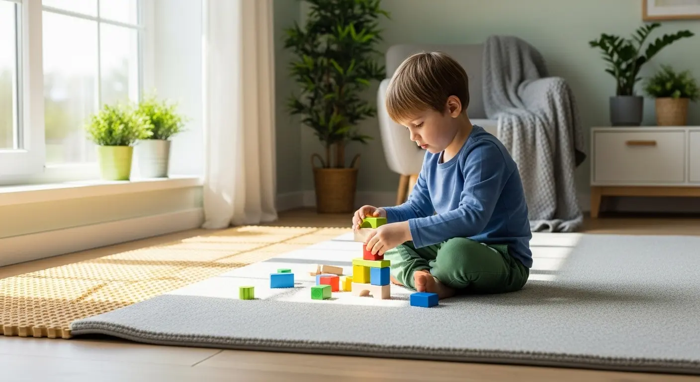 子供の騒音対策のために防音カーペットの上で遊ぶ子供と親