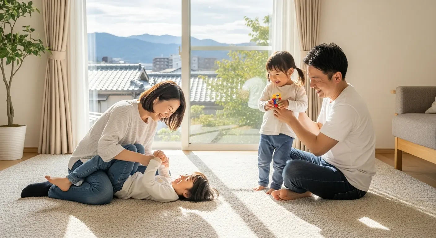 府中市の新生活に向けた子育て家族の笑顔と安心感