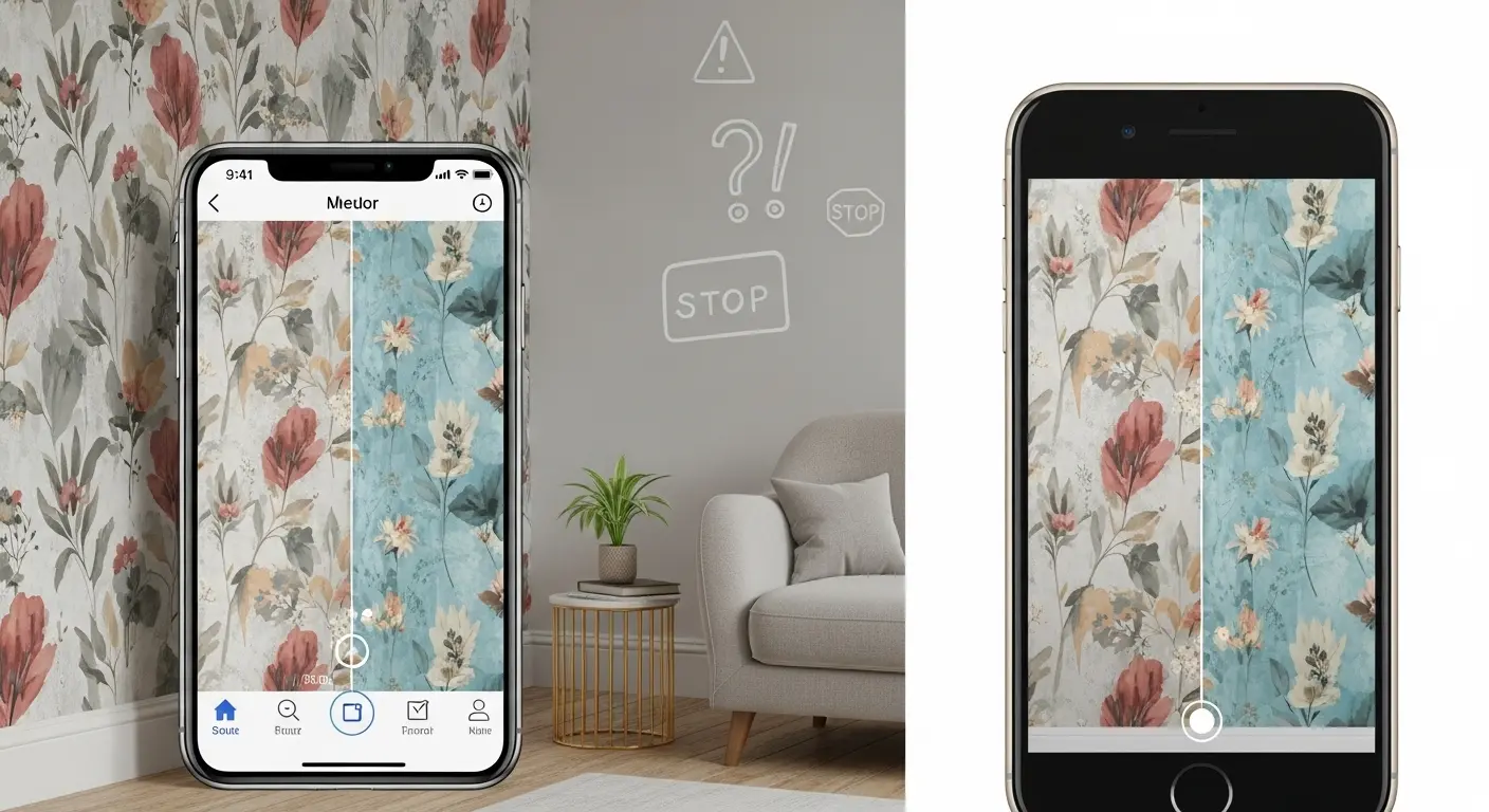 壁紙シミュレーションアプリの画面と実際のリフォーム後の壁紙の色味の違いを比較する画像