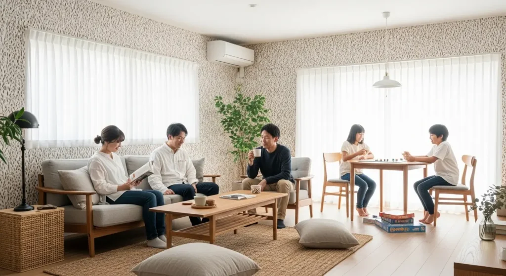 専門家のアドバイスで実現した、配色が調和した広々としたモダンなリビングルームの壁紙リフォーム実例