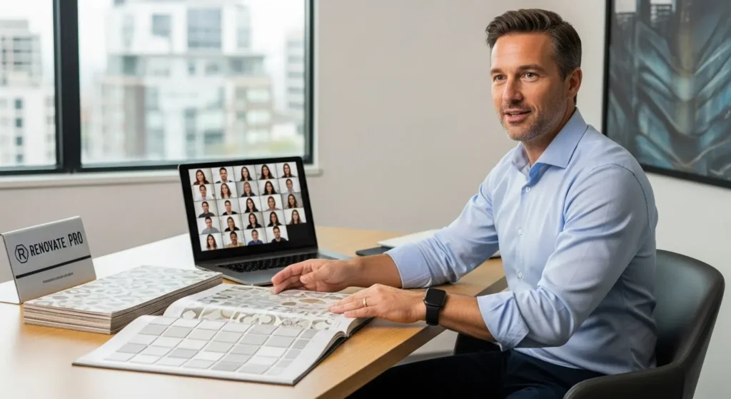 リノライクの壁紙リフォーム専門講師がオンラインセミナーで話す様子