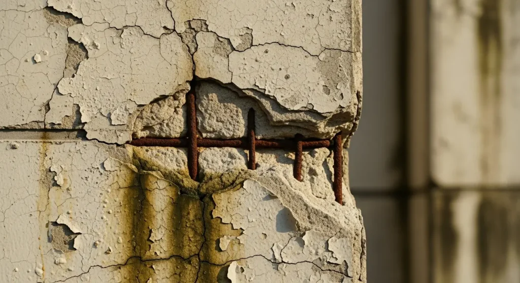 築40年マンションの外壁に見られるコンクリートのひび割れと老朽化