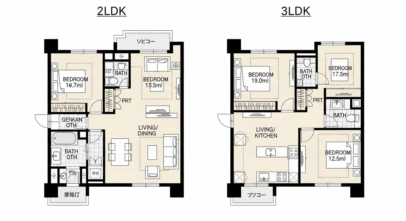 60平米の2LDKと3LDKのマンション間取り図の比較