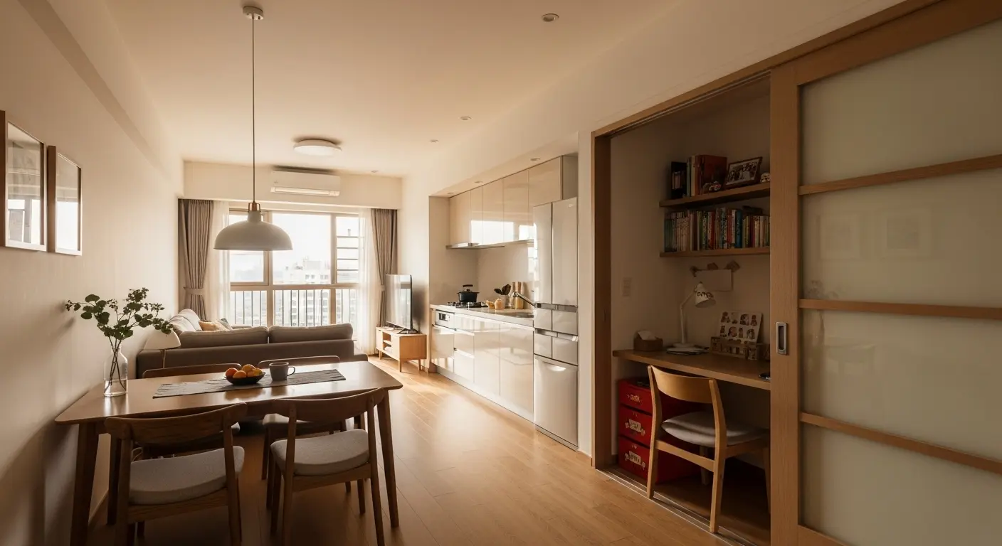 60平米3LDKの引き戸で区切られたスタディスペース付きリビング