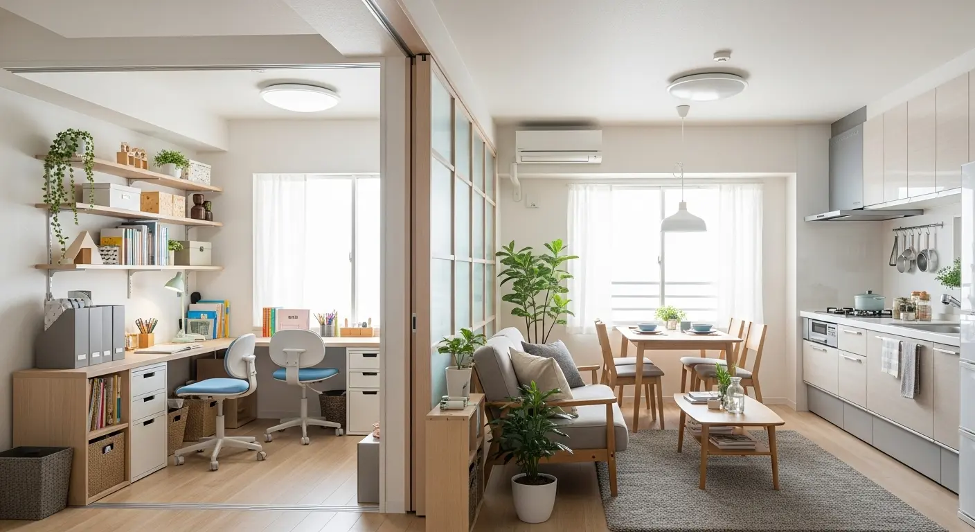 60平米マンションのリビングを可動式間仕切りで区切った4人家族向けレイアウト