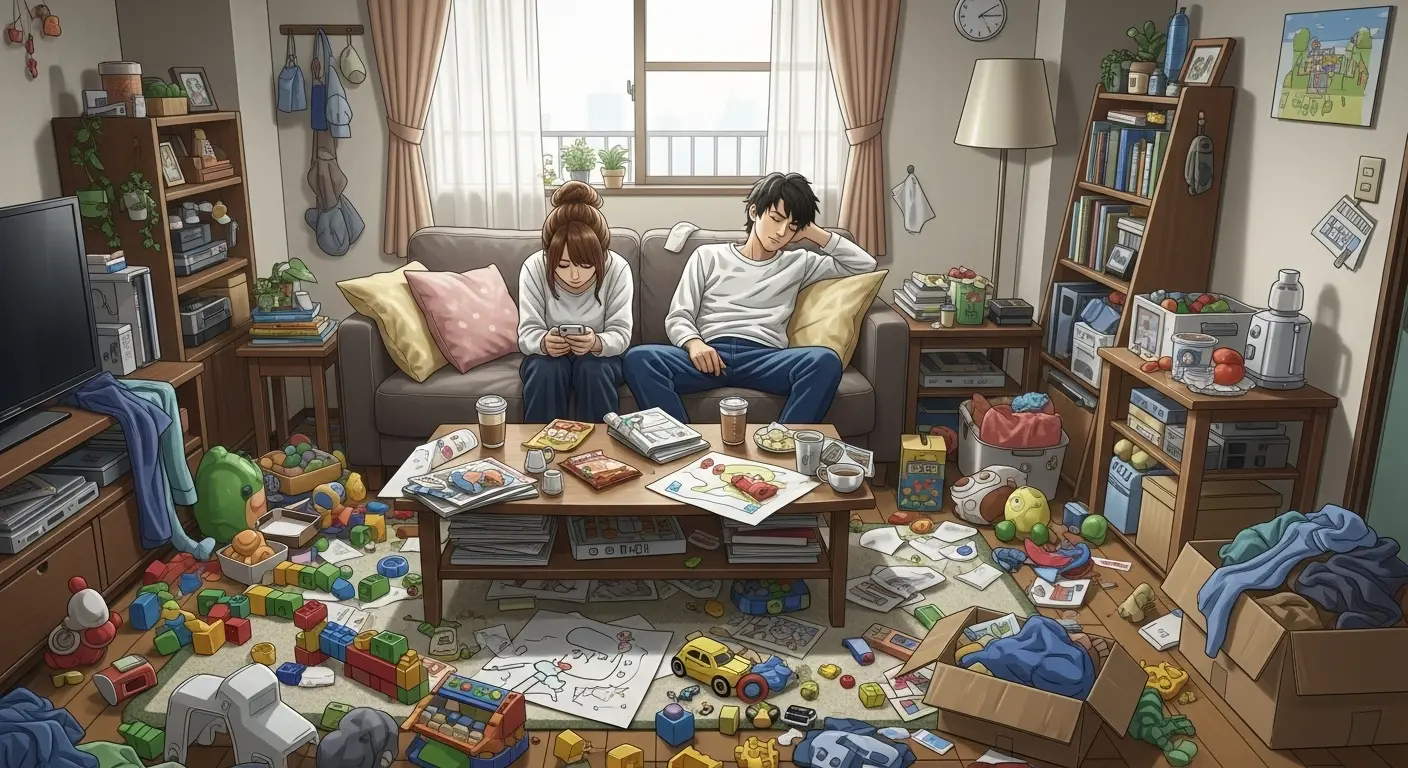 60平米の狭い家で物が散乱し、間取りに後悔している4人家族のリビング