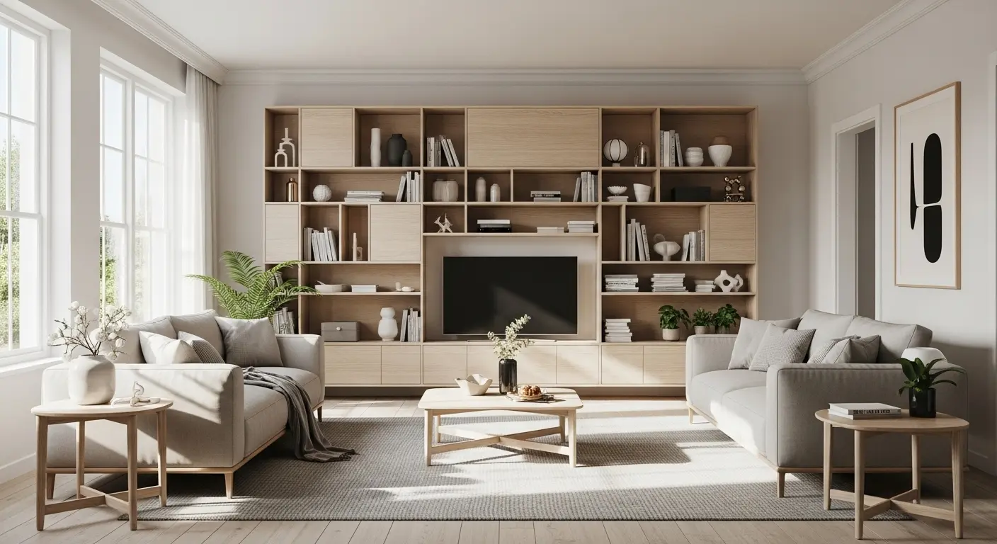 背の低い家具と壁面収納を活用した60平米のリビング