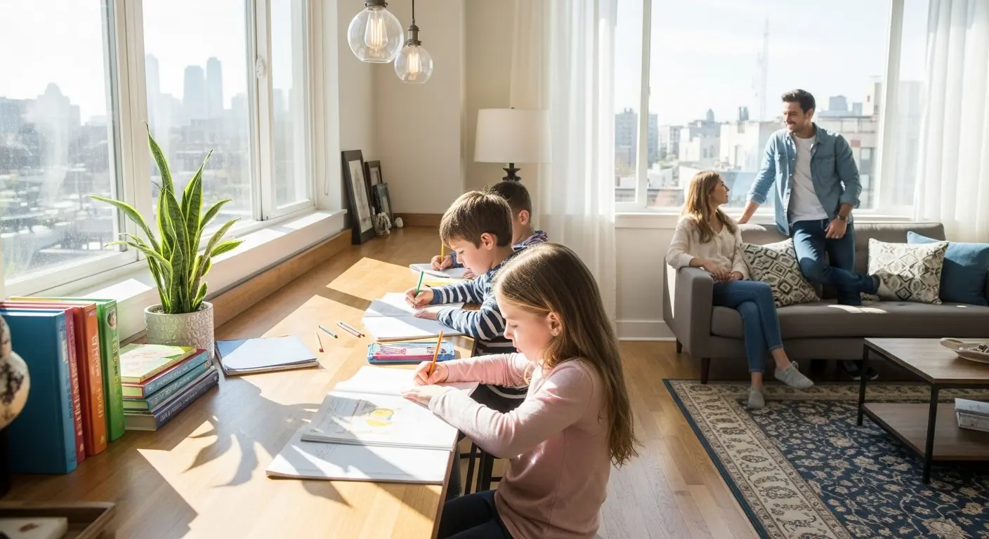 マンションのリビングに造作したカウンターでのリビング学習