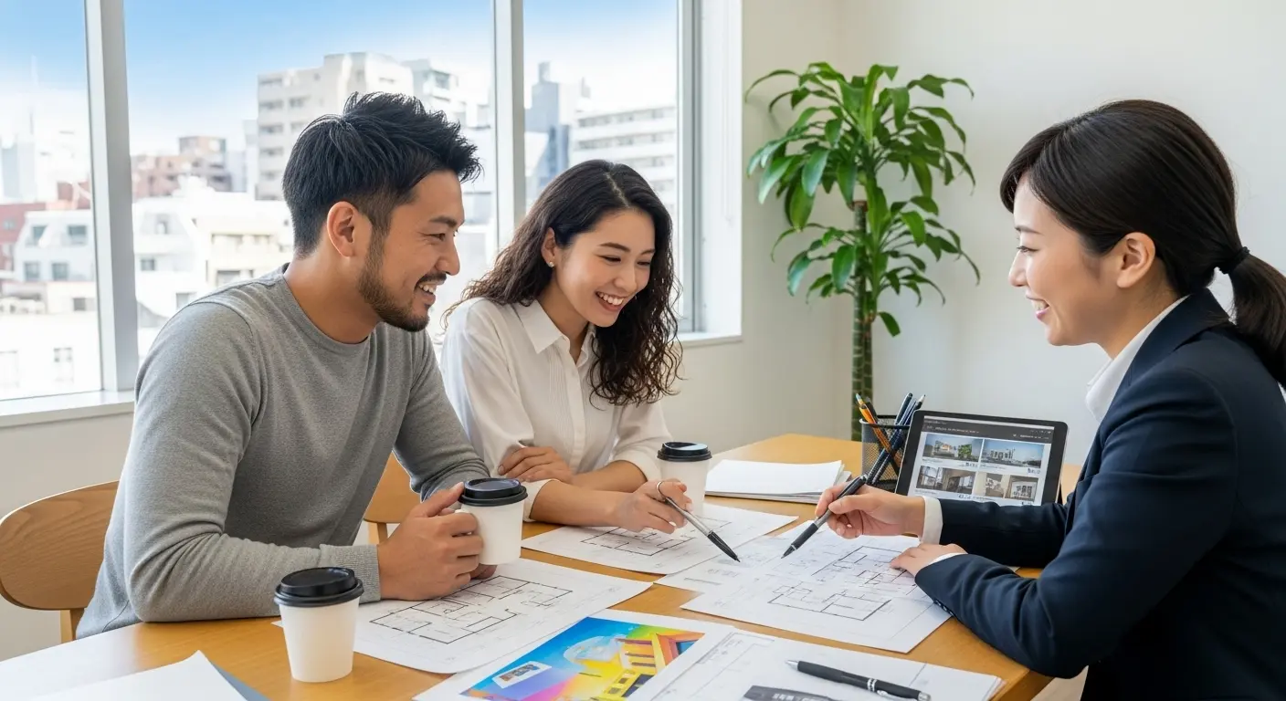 不動産の専門家と4人家族が間取りについて相談する様子