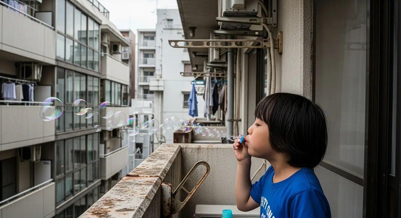 狭いベランダで遊ぶ子どもの様子