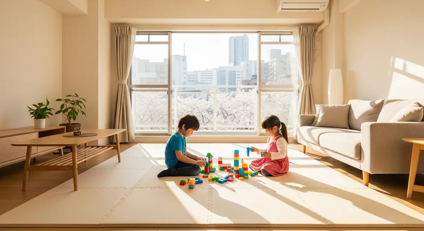 厚手の防音ジョイントマットを敷いたマンションのリビング