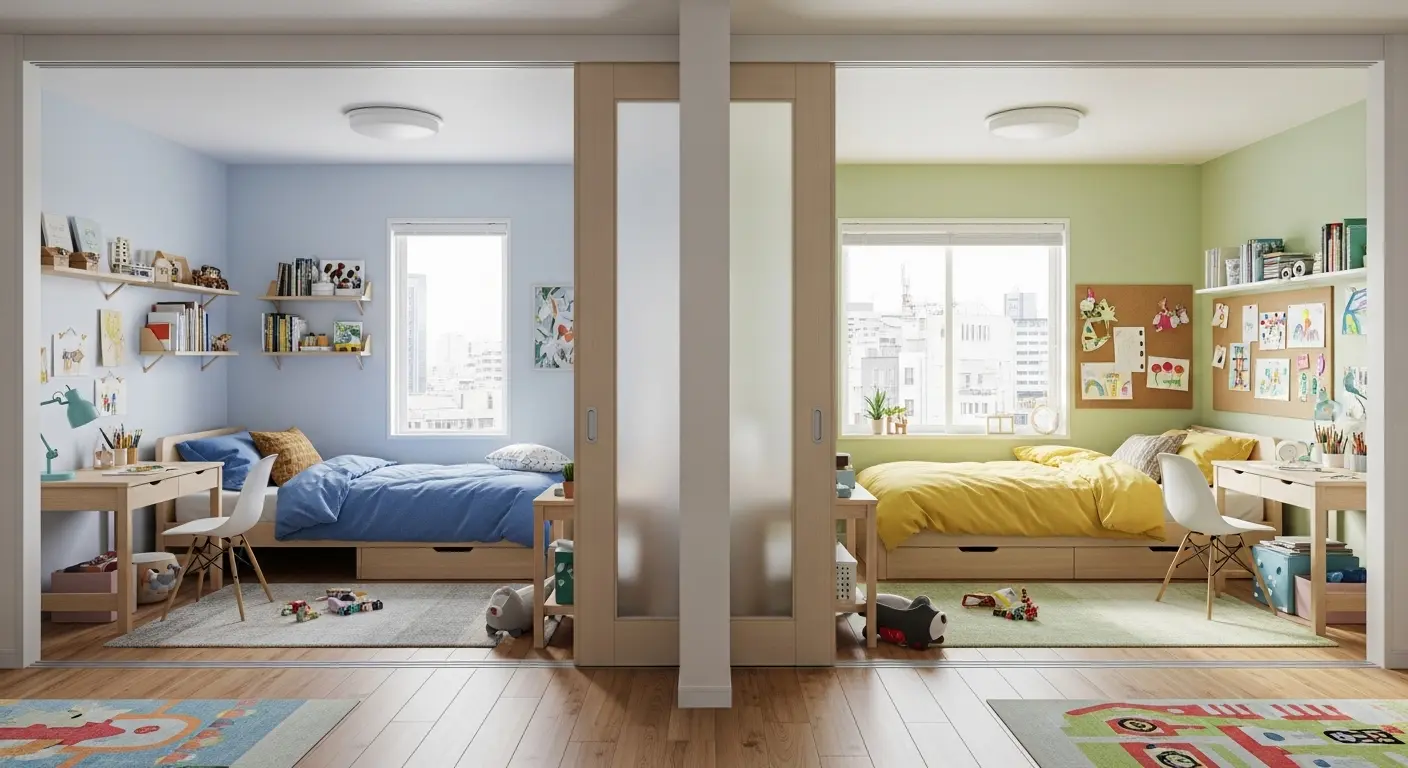 可動式間仕切りで分割されたマンションの子ども部屋