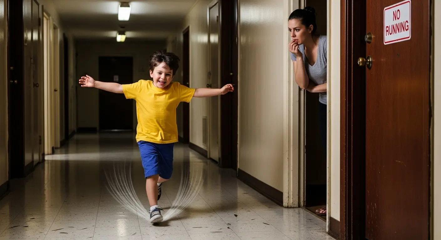 マンションの廊下で遊ぶ子どもの騒音が階下に響いている様子
