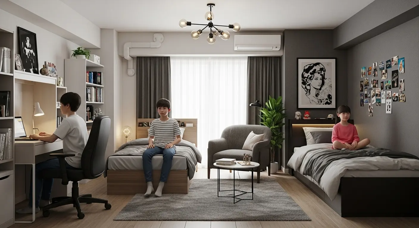 家族のライフステージとマンションの間取りの変化を示す図