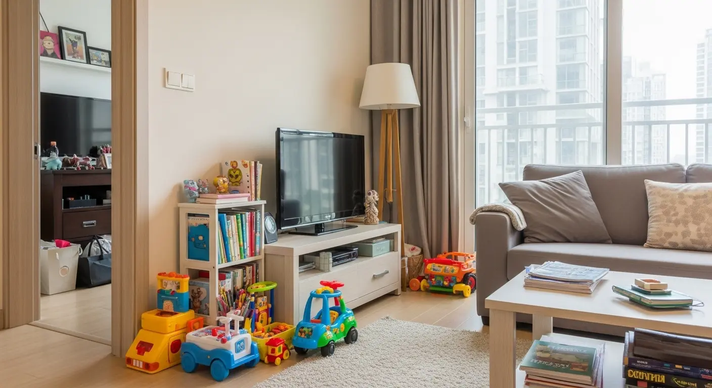 物件が多く散乱し手狭に感じるマンションのリビング