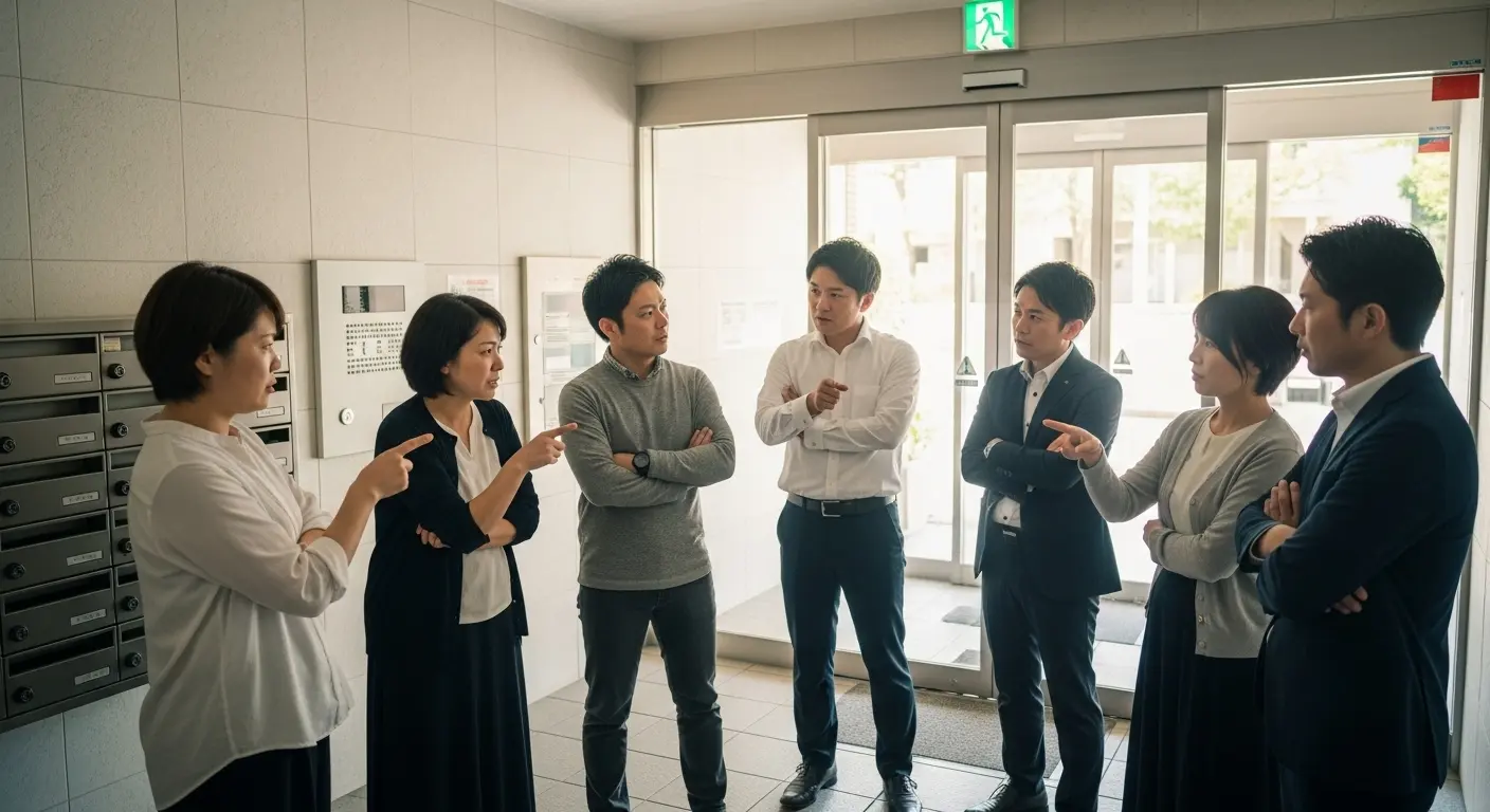 騒音問題でトラブルになるマンションの住民間の様子