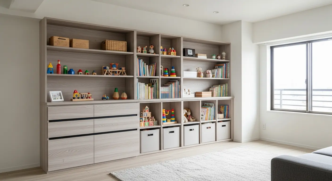 リビングの壁一面に設置された大容量の造作壁面収納