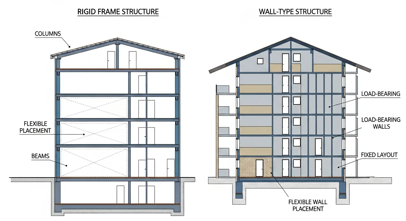 マンションのラーメン構造と壁式構造の比較図