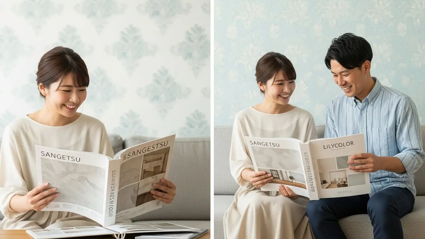 リフォーム用の壁紙メーカーカタログを比較する夫婦