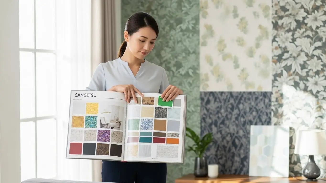 サンゲツの壁紙サンプルを比較検討する様子