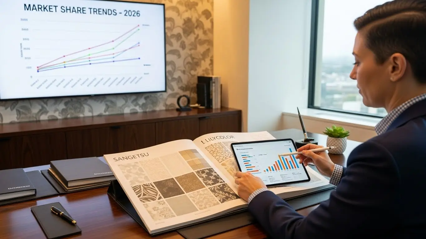 国内壁紙メーカーのシェア推移と市場規模を示すグラフ資料