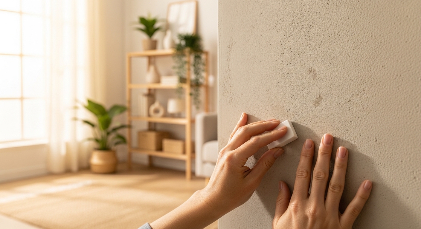 珪藻土クロスの壁汚れを消しゴムで掃除する様子