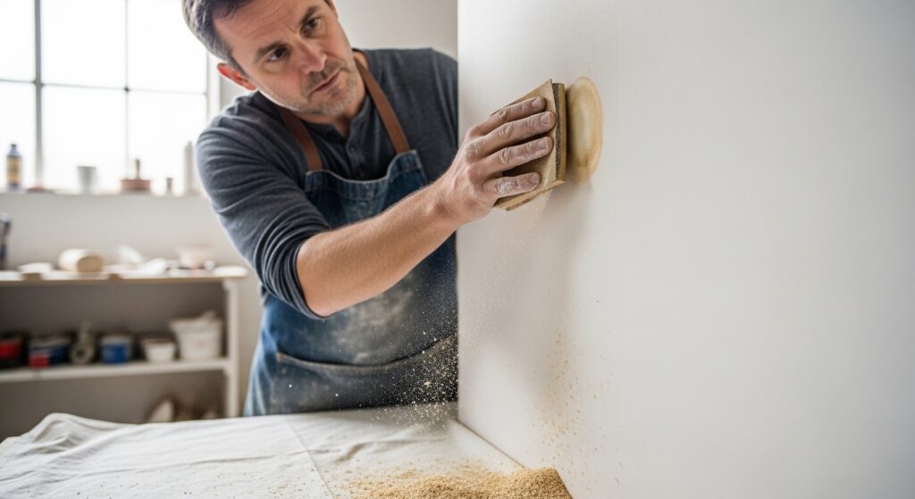 サンドペーパーで壁の汚れを削る様子