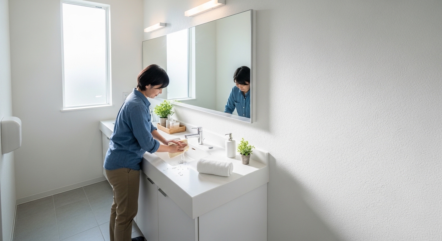 トイレの塗り壁を掃除する様子